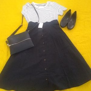Black button down, Midi skirt
